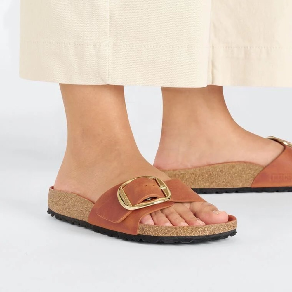 Birkenstock Madrid Big Buckle Slide Women 37 Coral Tan Leather Sandal Boho